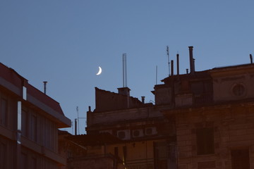 Fototapeta na wymiar A quarter of moon over the roof of Rome