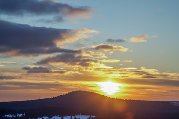 Fototapeta premium Snow landscape with sunset