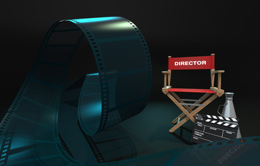 Film director's red chair with horn film clamp and dark blue color Camera film strip waving on dark cinema background 3d illustration