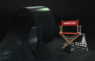 Red Film director's chair with horn film clamp and dark film strip waving on dark cinema background 3d illustration