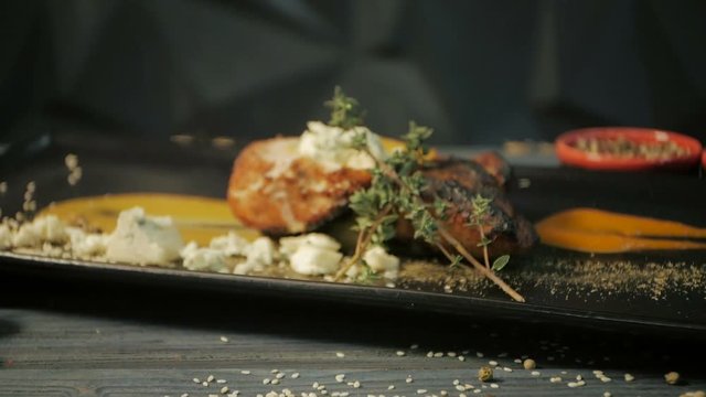 Chicken fillet with Dor Blue cheese and bacon. Dolly shot footage