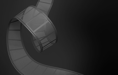 Camera film strip waving- cinema dark gray background. 3d illustration 
