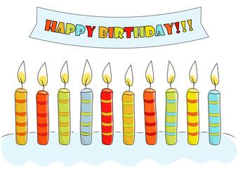Birthday card. Sketch postcard Birthday with cake, candles and ribbon. Vector illustration.

