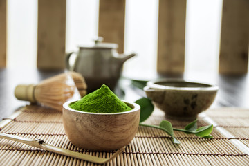 Matcha. Organic Green Matcha Tea ceremony. Matcha powder. Cooking with matcha.
