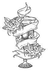 Ancient silver goblet with wine and roses.