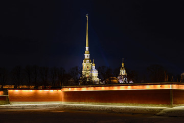 Night view of Peter and Paul Fortress in Saint-Petersburg, Russia at winter