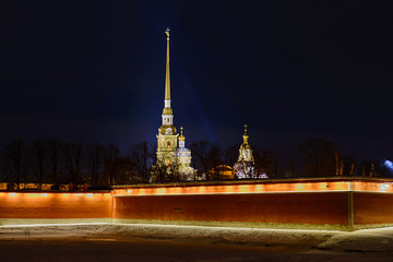 Fototapeta na wymiar Night view of Peter and Paul Fortress in Saint-Petersburg, Russia at winter