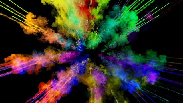 explosion of powder isolated on black background. 3d animation of particles as colorful background or overlays effects. Burst of rainbow colors powder for bright presentation like holi festival. 58