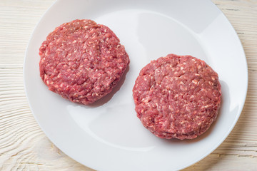 Raw hamburger patties on white plate