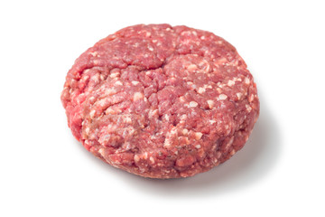 Closeup of some raw burgers on a white background