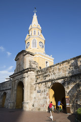 View of the clock tower gate in the walled old city in Cartagena, Colombia