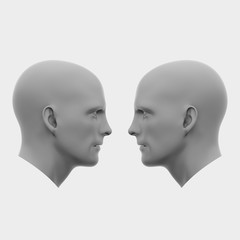 two male heads facing each other. Minimalistic abstract art. Communication concepts. 3d rendering illustration
