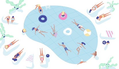 Group of people dressed in swimwear swimming in pool or lying down on sunloungers and sunbathing. Men and women performing summer outdoor water activities. Colorful vector illustration in flat style.