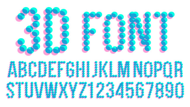 3D Pixel Font Vector. Futuristic Alphabet. Abc. Anaglyphic Letters, Numbers. Glitch Text. Illustration