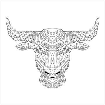 Drawing bull zentangle style on white background for coloring book, tattoo, t-shirt design, logo, sign, bag, postcard, poster. Stylized illustration of patterned bull. Vector illustration. Eps10