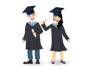 A young graduate man and woman with certificate or diploma scroll. Cartoon charcters illustration