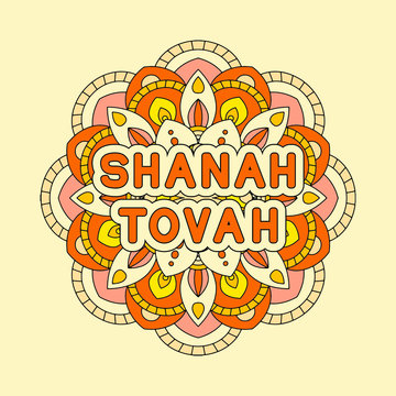 Rosh hashanah - Jewish New Year greeting card design with abstract ornament. Greeting text Shanah Tovah in Hebrew have a good year. Vector illustration.