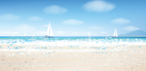 Vector sea view with  yachts, blue  sky and sandy beach.