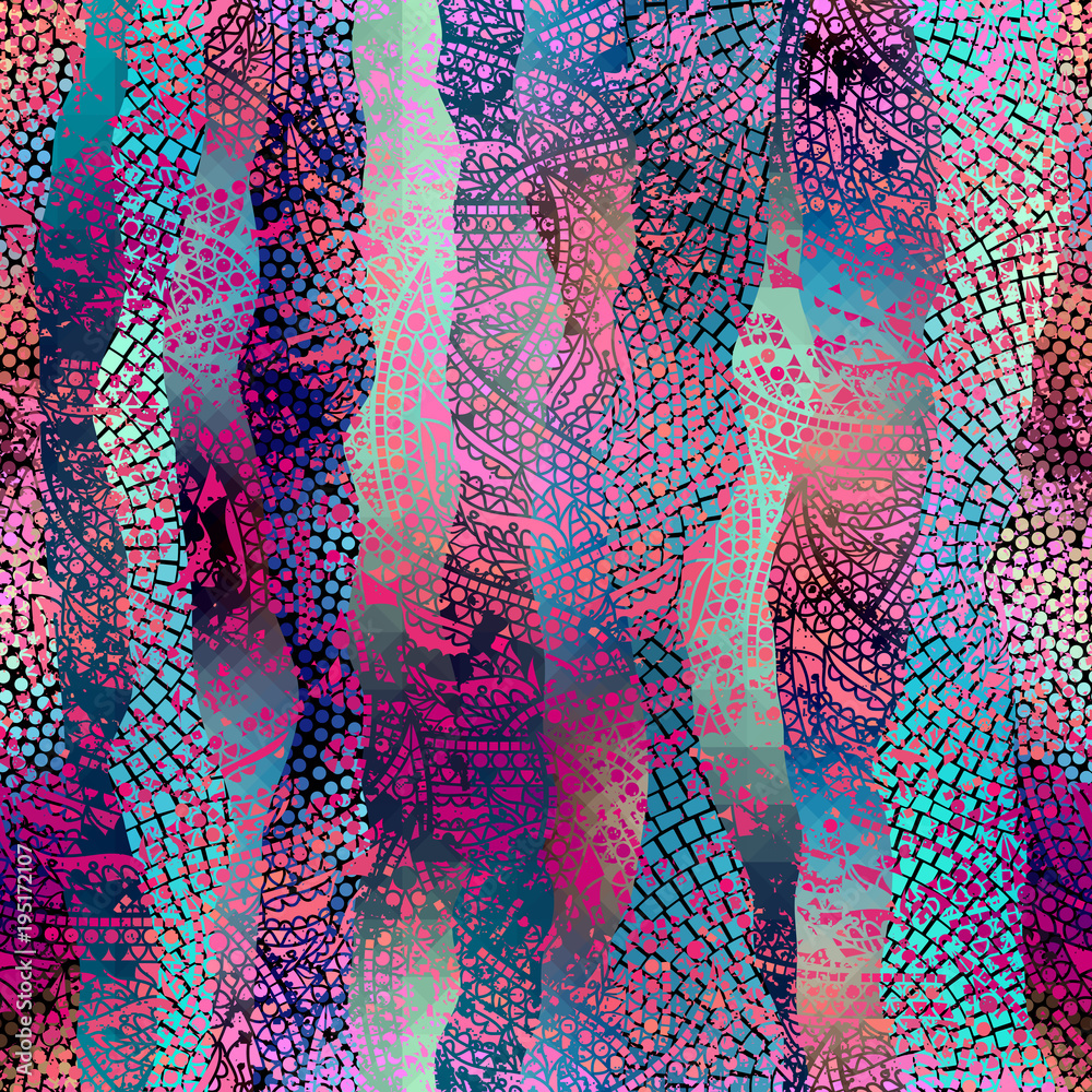 Poster low poly ornamental texture based on decorative elements paisley. seamless pattern in indian style.
