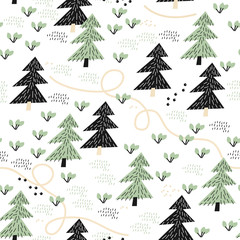 Childish seamless pattern with hand drawn forest elements. Forest trail. Trendy kids vector background.