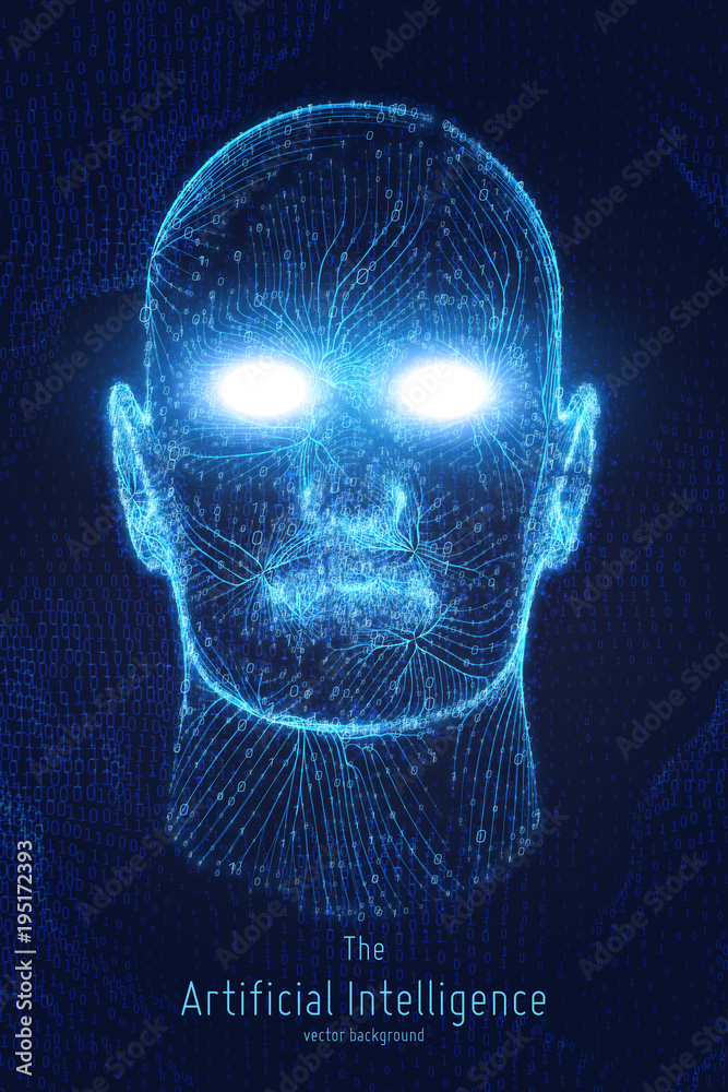 Poster Human Big data visualization. Futuristic Artificial intelligence concept. Cyber mind aesthetic design. Machine learning. Complex data threads in form of head with binary data.