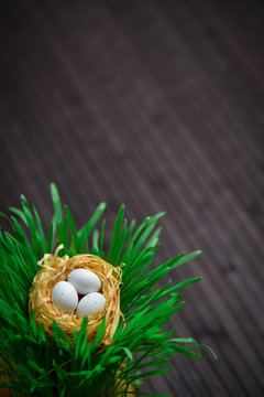 Easter eggs in a green grass nest