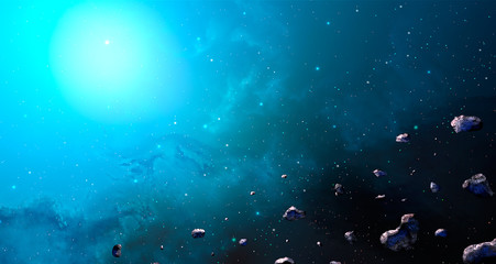 Space scene. Blue nebula with asteroids. Elements furnished by NASA. 3D rendering