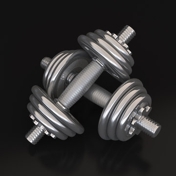 Two Big dumbbells on dark background with shadow - photo realistic 3d Illustration