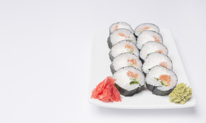 Salmon and caviar rolls, copy space