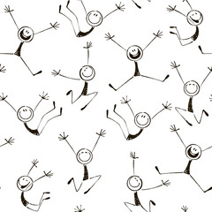 Seamless hand-painted pattern from happy stick figures