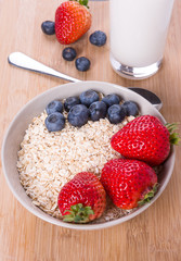 Bowl of oatmeal with berries. strawberry, blueberry and milk.