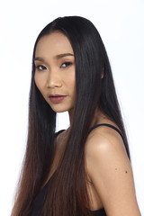 Naklejka premium Asian Long straight black hair tan skin woman in Black dress