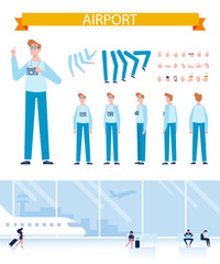 Front, side, back, 3/4 view animated character. Treveler man character with camera. Constructor with various views, gestures, poses. Airport background. Flat vector illustration.