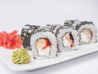 sushi rolls on white background, close-up