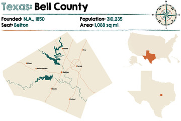 Detailed map of Bell county in Texas, USA