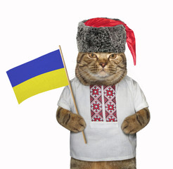 The cat patriot in the cossack hat holds the flag of Ukraine. White background.