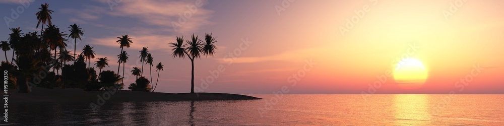 Wall mural sunset on a tropical island with palm trees 3d rendering