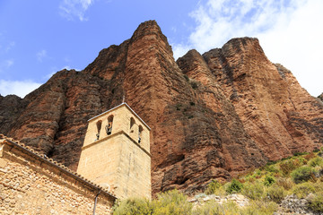 Mallos de Riglos mountain and church in Spain.