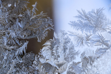 Beautiful  ice pattern on window in winter. Frosty winter pattern at  glass.