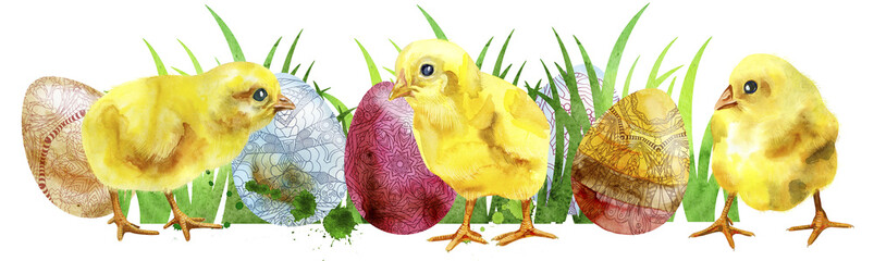 Watercolor Easter colored eggs and chickens.