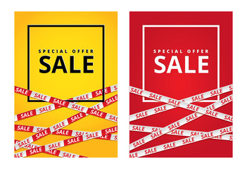 Red yellow sale tape ribbon card - obrazy, fototapety, plakaty