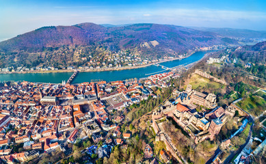 Aerial panorama of Heidelberg with the castle and the Neckar River. Germany