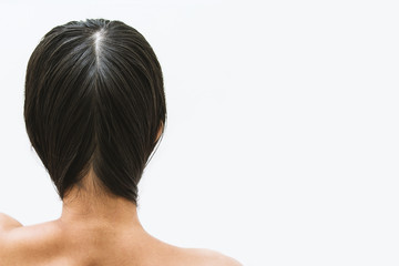 Fototapeta premium Woman washing hair with shampoo.