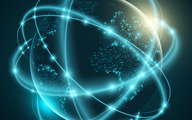 Futuristic planet earth. World map of dots. Abstract background. Space composition. Cyber space. Global network. Vector illustration