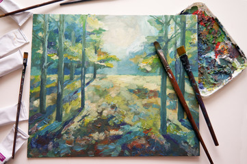 Painting beautiful summer forest. Sunlight in the forest Painting Acrylic and Full spectrum on Canvas and Cardboard