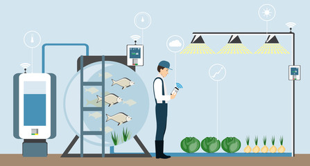 Growing plants in the greenhouse. Smart farm with wireless control. Eco farm with aquaponics system of planting vegetables. Vector illustration.