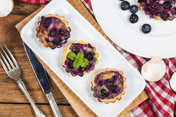 Blueberry tart, pie, tartlet with vanilla custard.