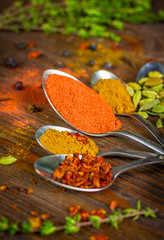 Spises in metall spoons on darck woodden table