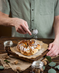 Brioche. Swirl Brioche with sugar powder. Estonian Kringle. Delicious Brioche with sugar and...