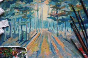 Painting beautiful winter forest. Sunlight in the forest Painting Acrylic and Full spectrum on Canvas and Cardboard